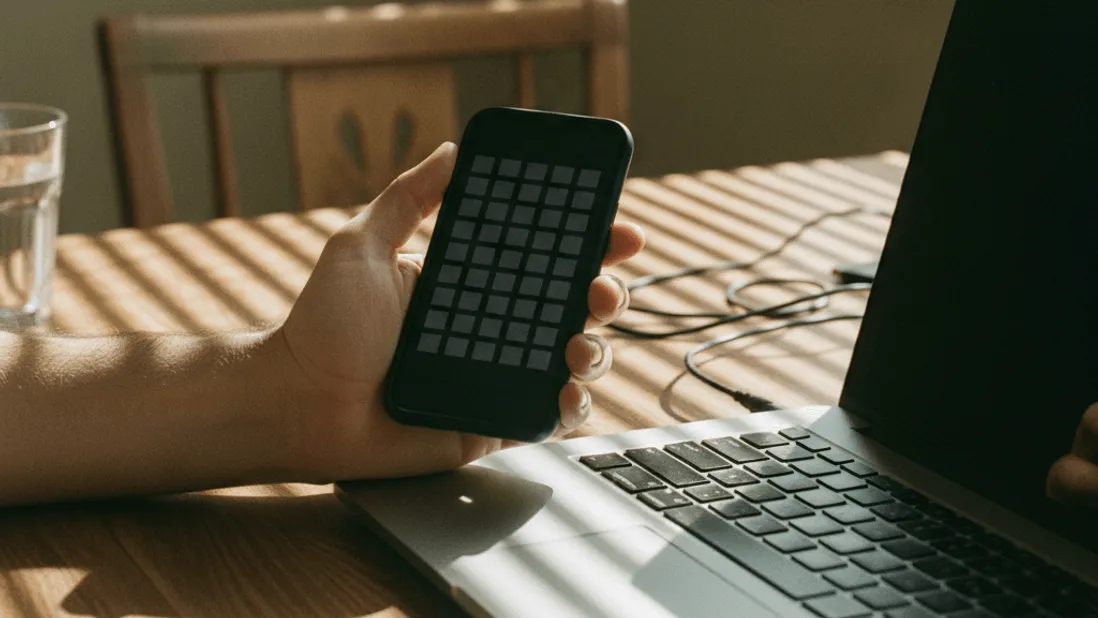 A hand holds a smartphone displaying a blank app icon grid near a laptop keyboard on a desk.