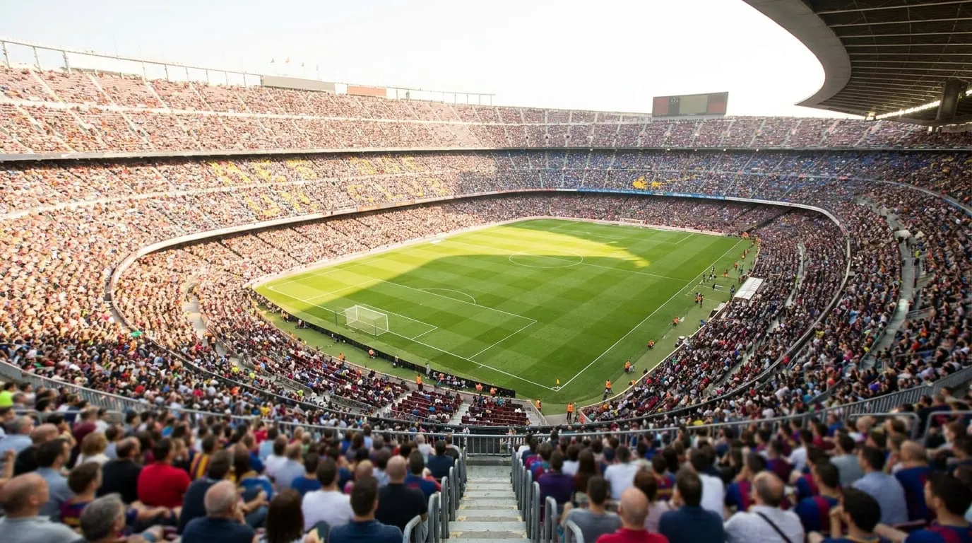 A packed football stadium in bright afternoon daylight