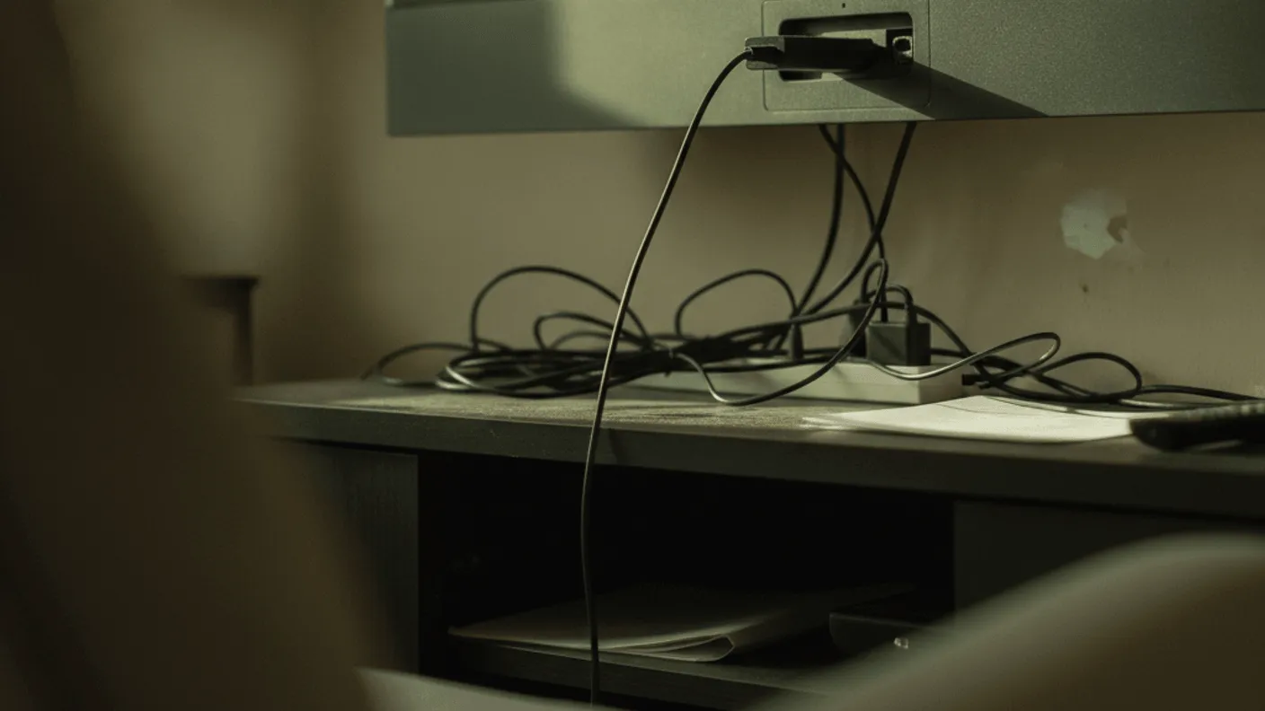A black streaming stick is half-inserted into an HDMI port on the back of a wall-mounted television, with a cable draped down.
