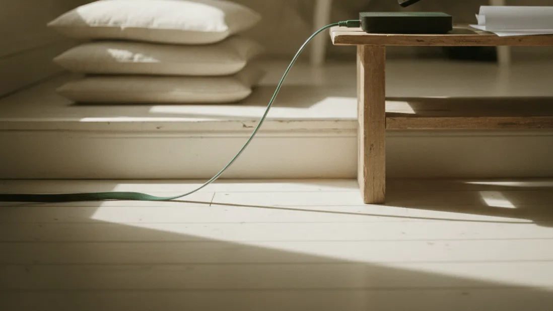A flat ethernet cable plugged into a streaming box on a shelf, with a hand holding a remote control.