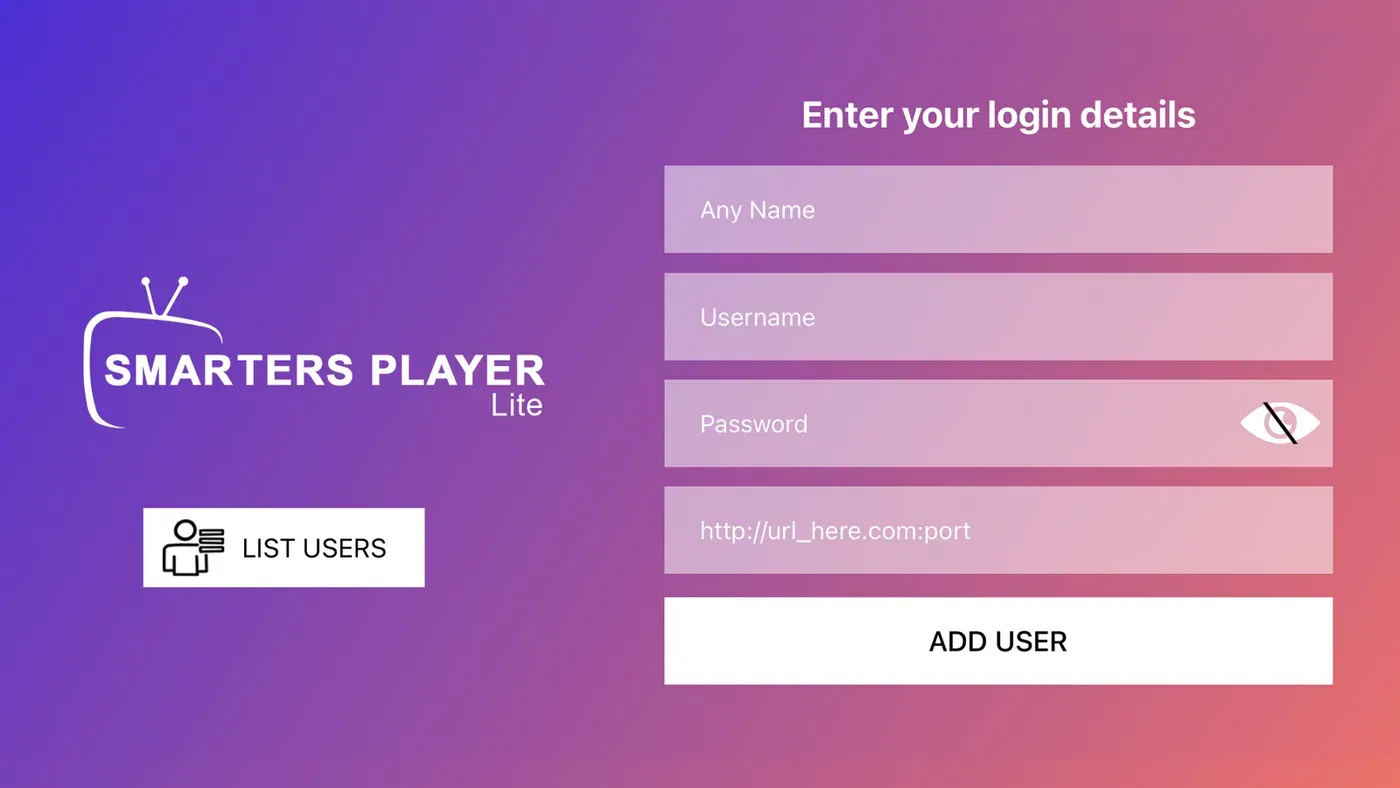 The Smarters Player login form with four fields: Any Name, Username, Password and a server URL ending in a port number.